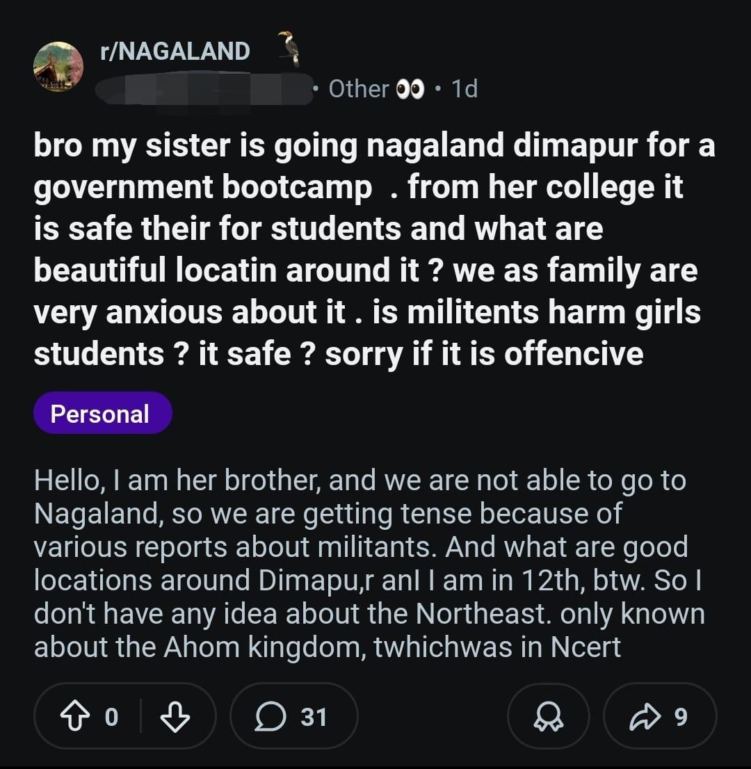 Reddit post: brother concerned about sister's safety traveling to Nagaland