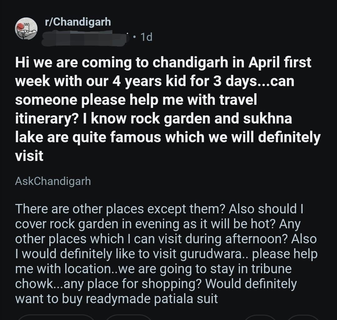 Reddit post: traveler asking locals for authentic family stay recommendations in Chandigarh