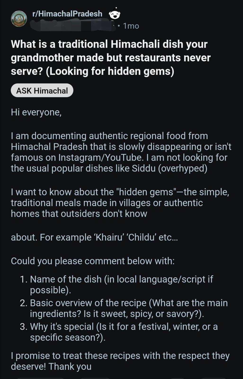 Reddit post: locals sharing traditional Himachal dishes their grandmothers made that restaurants never serve