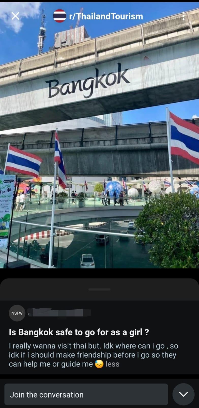 Reddit post: solo traveler asking if Bangkok is safe and looking for travel friends