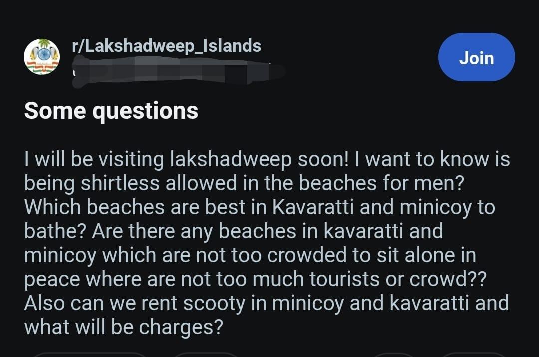 Reddit post: traveler asking about scooty rentals in Lakshadweep Kavaratti