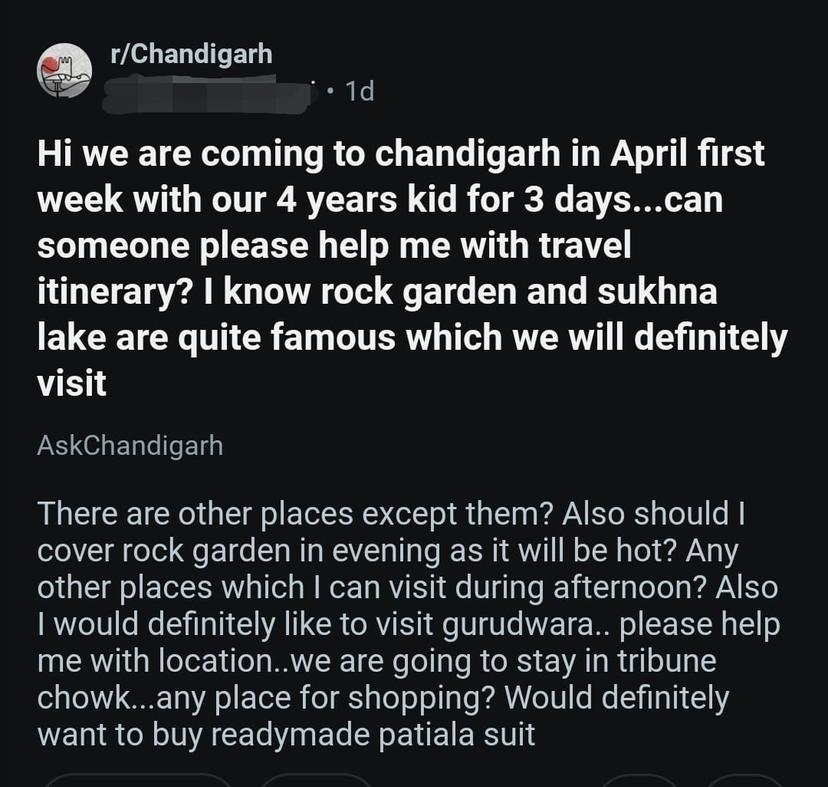 Reddit post about local family stay in Chandigarh
