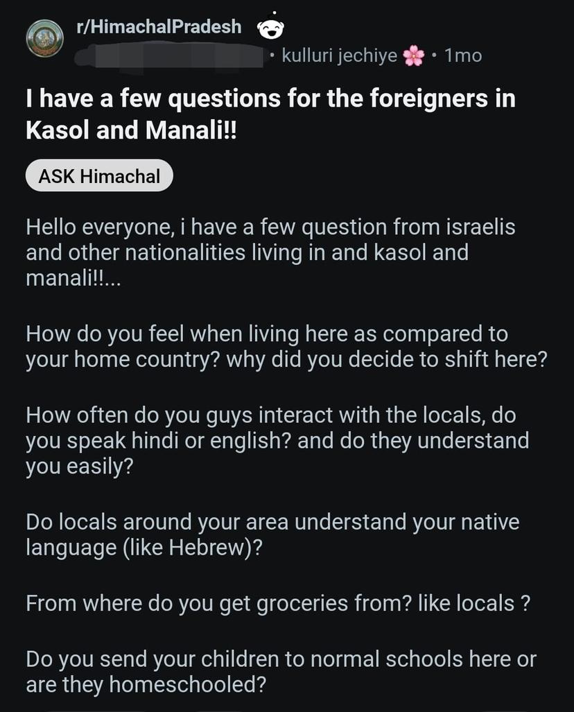 Reddit post about travel in Manali