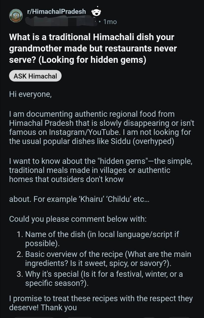 Reddit post about Himachal traditional dishes